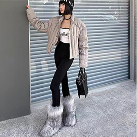 ⚡Women's Grey Faux Fur Warm Boot Furry Short Snow Boot Mid Calf Boots - Picture 3 of 6